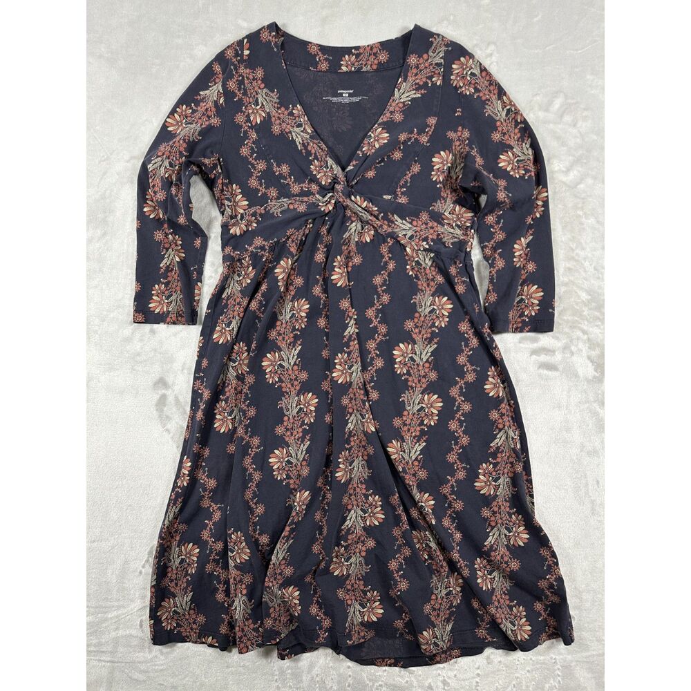 PATAGONIA 3/4 Sleeve Black Floral Print Knot Front Dress Size M